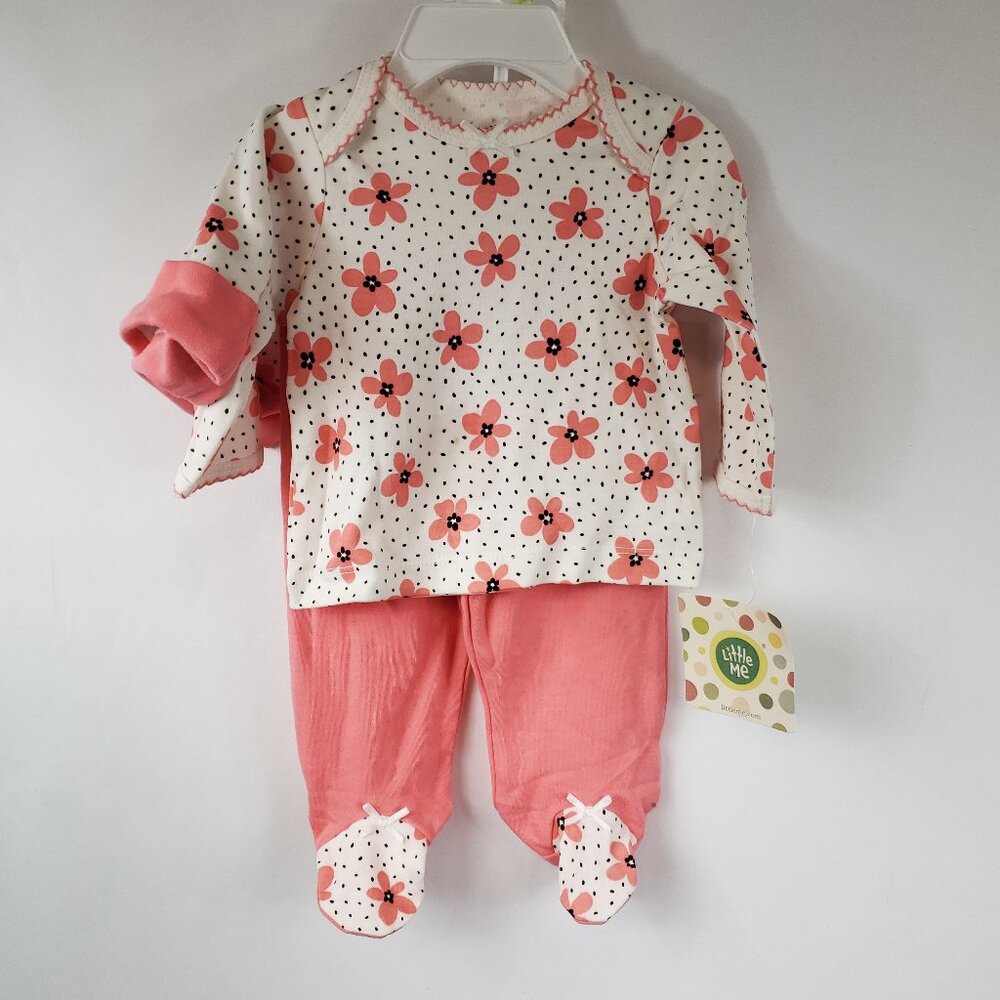 Little Me Baby Girl 3 Piece Set Lng Slv Floral Top Pink Pant Footed & Hat Sz 3M